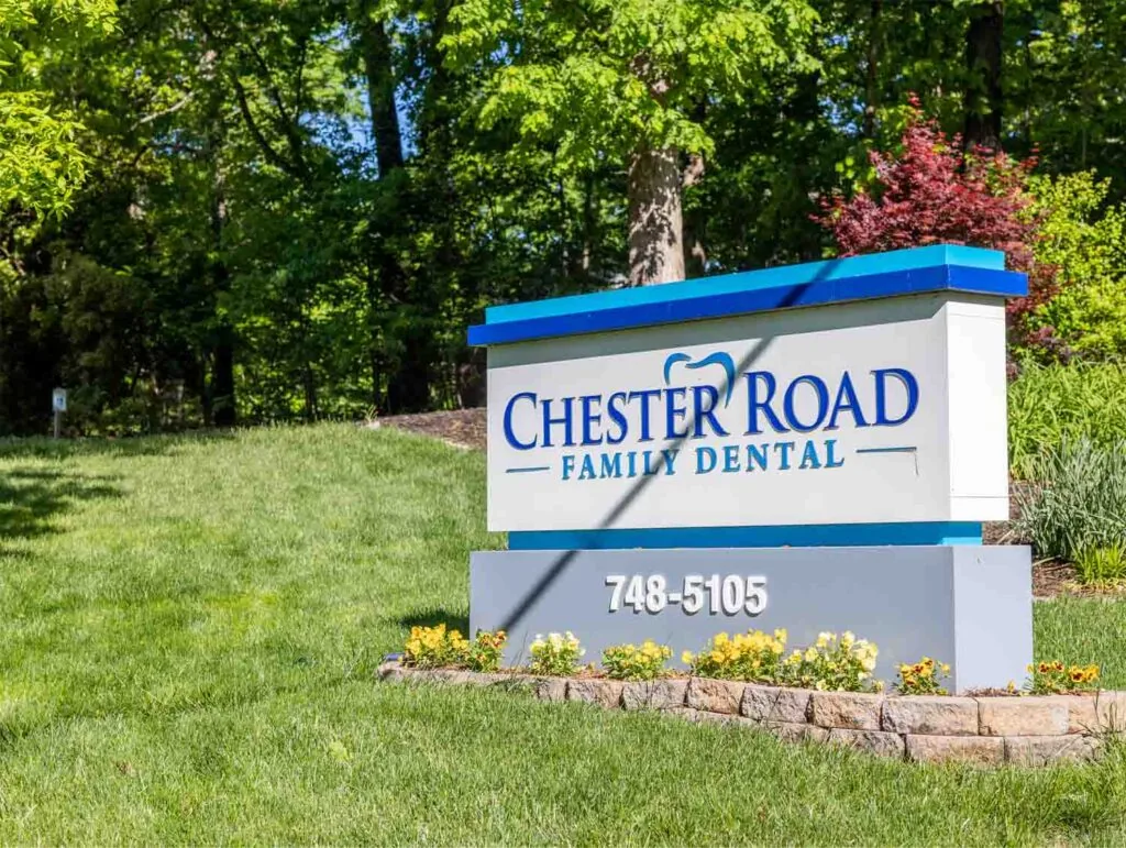 A sign for "Chester Road Family Dental" stands outdoors, surrounded by grass, trees, and flowering plants. The sign has a blue and white color scheme, with "CHESTER ROAD FAMILY DENTAL" displayed in bold blue letters. Below the name, the phone number "748-5105" appears in white on a gray background. The sign is mounted on a stone base, with flowers planted around it, creating a welcoming and professional appearance.